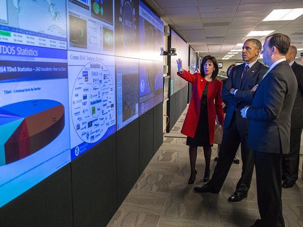 President Barack Obama tours the National Cybersecurity and Communications Integration Center in Arlington, Virginia, Jan. 13, 2015. He is accompanied by Homeland Security Secretary Jeh Johnson, Lisa Monaco, Assistant to the President for Homeland Security and Counterterrorism, and tour guides Dr. Phyllis Schneck, Deputy Under Secretary for Cybersecurity & Communications, and Brigadier General Greg Touhill, (Ret.), Deputy Assistant Secretary for Cybersecurity Operations and Programs. (Official White House Photo by Pete Souza)